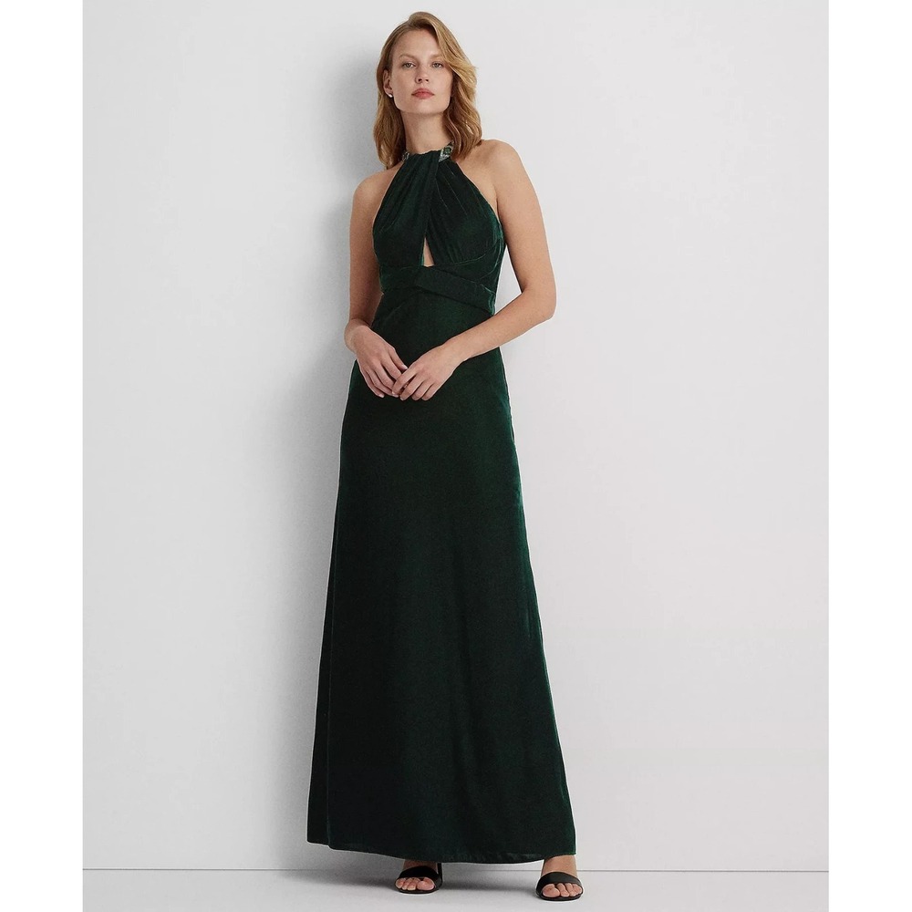 Lauren Ralph Lauren Women's Velvet Beaded Halter Gown Green Size 16 NEW